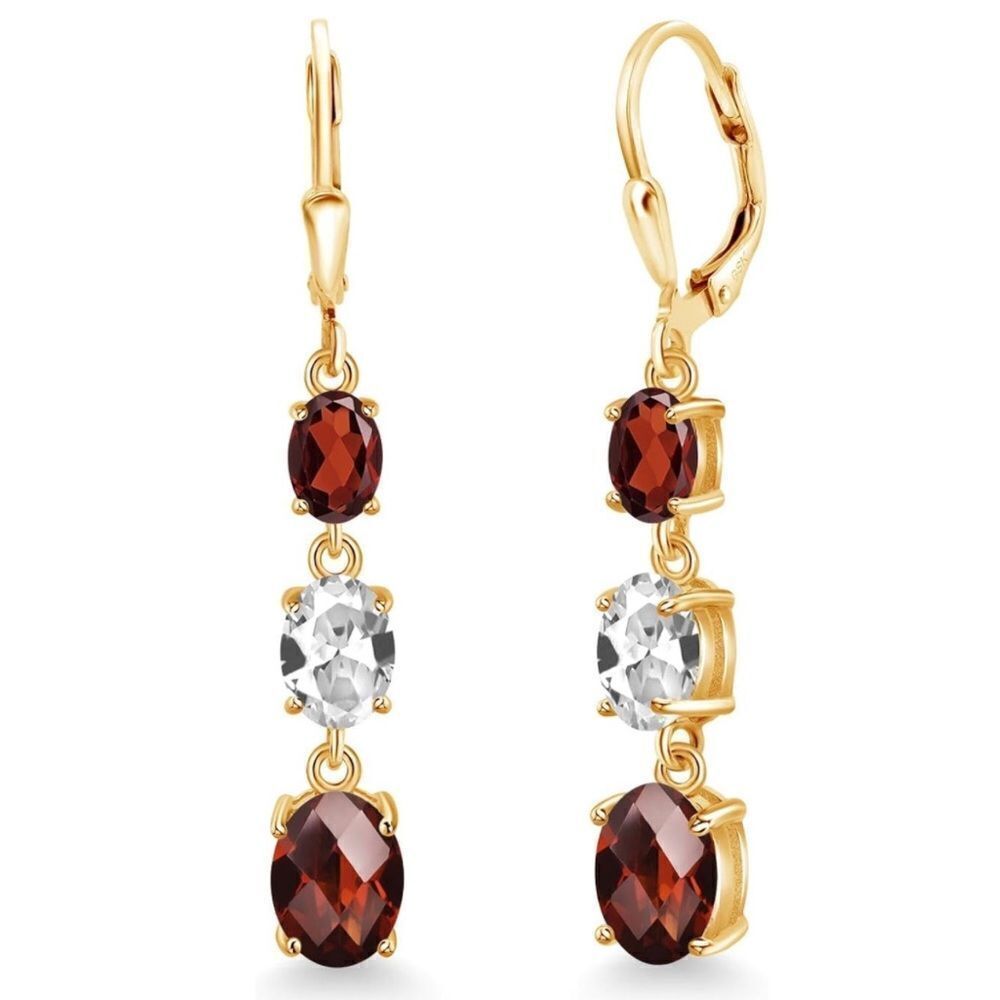 18K Yellow Gold with 6.21 Cttw 3 Stone Garnet and White Sapphire Drop Earrings